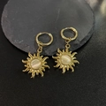 Macro shot of 18K gold plated sun earrings with round cat-eye stone on stone plate - Cat Eye Sun