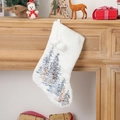 Close-up of plush white Christmas stocking with embroidered trees and fluffy pom-poms - Christmas Tree with Pompoms