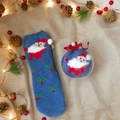 Navy blue Christmas coral fleece socks with Santa cartoon in a festive holiday gift ball - Blue Santa