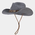 Detail of blue and white woven straw hat with western leather band and shell ornaments - Dark Blue
