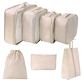 Beige 7-piece travel organizer set with mesh packing cubes and drawstring laundry bags - 7-Piece Set / Beige