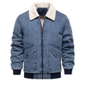 Herren-Jeansjacke in Blau mit weißem Pelzkragen und Strickbündchen, gefüttert - S / Dunkelblau