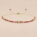 Bohemian woven bracelet with red, gold, and grey beads featuring a peach semi-precious stone - Beige Rope/Peach Pink Main Bead/Red Gold Bead(BR0413)