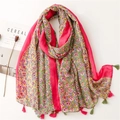 Floral cotton linen scarf with colorful branch patterns and tassel edges for women - Green Floral Color Block Tassel Style (SL2210-026) / 180*85CM