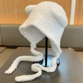 White plush bear ear hat with long straps and thick faux fur winter thermal lining - Lace-up Swallowtail Bear-White