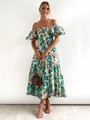 Abito lungo floreale con spalle scoperte, maniche a sbuffo e vita elastica stampata - Floreale verde tenero