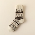 Beige wool blend crew sock with vintage ethnic geometric patterns for winter warmth - One Size / Off White
