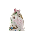 Detail of beige cotton drawstring bag with cartoon rabbit and floral plant prints - 10*14cm / Little Rabbit