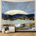 Close-up of abstract tapestry featuring blue mountains and gold marble textures on white wall - Moon Shadow & Gold Veins Style (QY428-47)