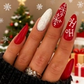 Uñas postizas de almendra para Navidad con purpurina roja, copos de nieve y texto Ho Ho - Estilo de Copo de Nieve de Navidad Letra Almendra Larga (AW109) / 24 Piezas/Caja