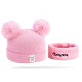 Rosa gestricktes Babymützen- und Schal-Set mit Doppelpelz-Pompons und Futter - Rosa Schmuckset