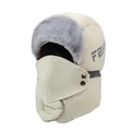 Winter bomber hat in beige and grey faux fur with ear flaps and detachable mask - One Size / Light Beige