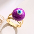 Adjustable gold plated evil eye ring with purple marble stone and textured finish - Adjustable Open / Purple (13415)