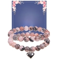 Set de pulseras de piedra cebra rosa con colgante de corazón y tarjeta de regalo - Juego de Piedra Cebra Rosa
