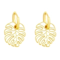 Bohemian gold monstera leaf earrings with white enamel finish on a clean white background - White