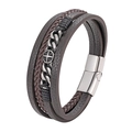 Bracelet pour homme en cuir tressé marron avec chaîne argentée et fermoir magnétique - 19cm / café