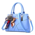 Light blue PU leather handbag featuring geometric splicing with grey fur ball and silk scarf - Light Blue