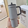 Matte grey stainless steel tumbler with straw and large handle in gift box - Handle Cup Grey