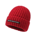 Vibrant red knit beanie featuring a unique casual black woven label on the folded cuff - One Size / Burgundy
