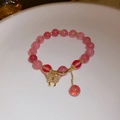 Pink beaded bracelet featuring a gold butterfly charm with sparkling zircon details - Pink Ice-Crackle Zircon Butterfly Bracelet (46# Bracelet - Pink - Butterfly)