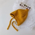 Ginger yellow baby knitted hat with ear flaps and long ties for autumn and winter - Cap circumference 40-48cm, suitable for 3-18 months / Nipple Yellow