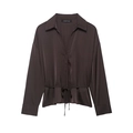 Elegant dark brown satin long sleeve women's shirt with a waist tie and V-neckline - XS / Coffee