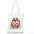 White canvas tote bag with cartoon owl print, pink bow, and watermelon design - Style C9 / No Zipper No Inner Pocket