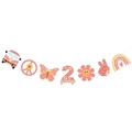 Striscione di compleanno Two Groovy rosa con elementi hippie, segno della pace e margherite - Banner accessori con motivo hippie (Y-00126-2)