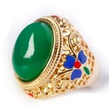 Boho vintage gold ring with large green turquoise oval stone and colorful floral enamel - Adjustable Open / Gold Enamel Cloisonne Green Agate