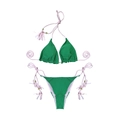 Two-piece dark green bikini set with contrast pink braided ties and decorative tassels - Green + Pink