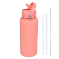 Pink stainless steel insulated water bottle 1L with straw lid and cleaning brush kit - 1L / Coral Pink
