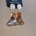 Detail view of vintage resin earrings with shell-style marble charms and amber beads - Silver Needle-Coffee-Three-stage Fan-shaped