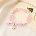 Moonstone style beaded bracelet with pink and white pearls and gold heart charm - Pink Bead Bracelet + Heart (K3511)