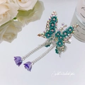 New Chinese style butterfly hair clip with blue roses and long tassel in silver finish - Blue Flower Tassel Butterfly / Blue
