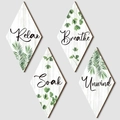 Set of 4 diamond wooden wall plaques with Relax Breathe Soak Unwind plant designs - Green Plants Letters White Wood Grain Style (Style C)