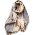 Plaid scarf in grey and cream cashmere imitation with decorative tassel ends - 180cm / Beige