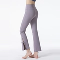 Lavender high waist yoga pants featuring side slit and bow-tie detail for fitness - Gray Purple