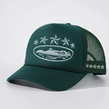 Dark green mesh trucker hat featuring white five-star embroidery and adjustable strap - Dark Green