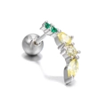Silver curved cartilage stud featuring yellow and green zircon stones with screw ball back - Silver Curved Leaf