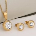 Minimalist gold necklace and stud earrings set with sparkling round crystal stones - Gold + White Zirconia