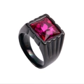 Detailed view of a black stainless steel ring featuring a square pink gemstone inlay - US 10 / Black Rose Red Zirconia