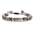 Detail of 8mm pink marble natural stone beads with adjustable black braided cord bracelet - Matte Pink Zebra