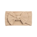 Detailed view of beige cable-knit texture and soft knot on elastic baby headband - Beige Coffee