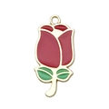 K-gold plated red enamel rose flower charm with green leaves for jewelry making - Large Red Rose Charm 31x15mm (19017)