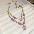 Detail of bohemian double-layered beaded necklace with colorful acrylic flower pendant - 37# Necklace - Pink Flower