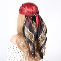 Red and black leopard print satin headscarf for women, 90x90cm silk-like square shawl wrap - Red Leopard Print