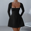 Elegant black long sleeve mini evening dress with waist cinching and low-cut neckline - S / Black