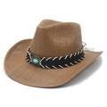 Bruine geweven cowboyhoed met turquoise metalen gesp en brede rand tegen de zon - M (56-58cm) / Khaki