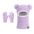 Purple knitted balaclava hat and touchscreen gloves set with fleece lining and pom-poms - Two-tone Purple