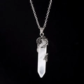 Natural clear crystal hexagonal pendant with silver flower necklace on black background - White Crystal